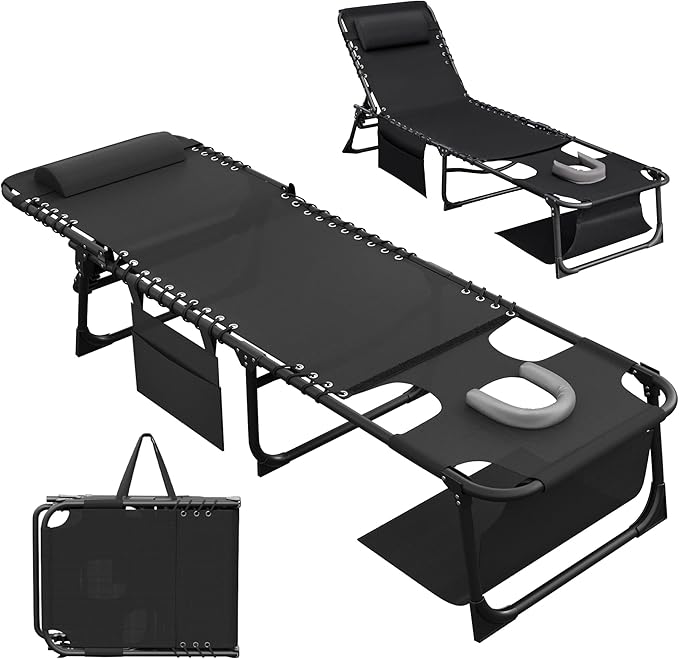 Devoko Beach Lounge Chair, Outdoor Sun Tanning Chair with Face Hole, Heavy Duty Folding Portable Lay Chaise Lounge Chairs for Outside Beach Pool Camping Patio, Black