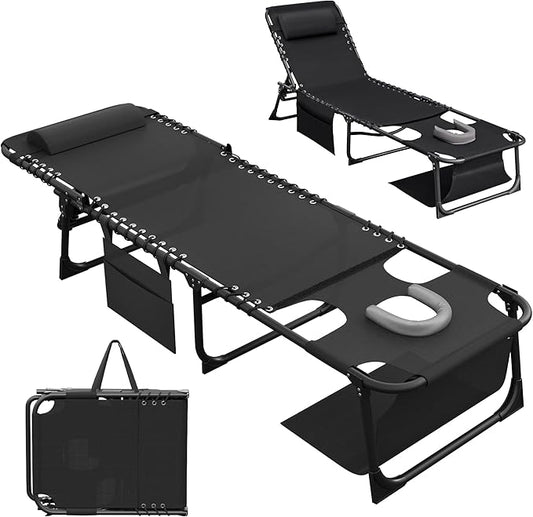 Devoko Beach Lounge Chair, Outdoor Sun Tanning Chair with Face Hole, Heavy Duty Folding Portable Lay Chaise Lounge Chairs for Outside Beach Pool Camping Patio, Black