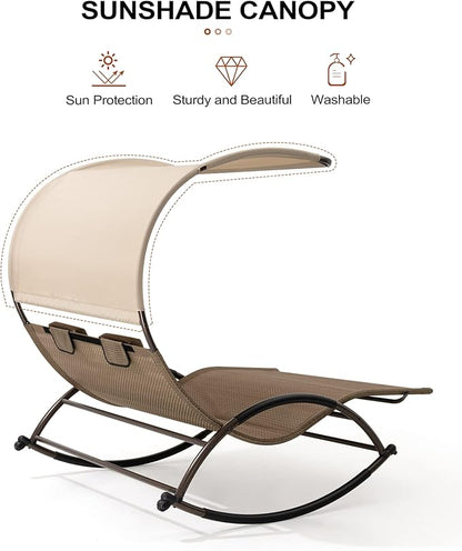 Crestlive Products Outdoor Double Chaise Lounge Chair with Canopy & Wheels, 2 Person Patio Rocking Lounge Chair with Sun Shade & Headrests for Garden, Backyard, Poolside (Brown)