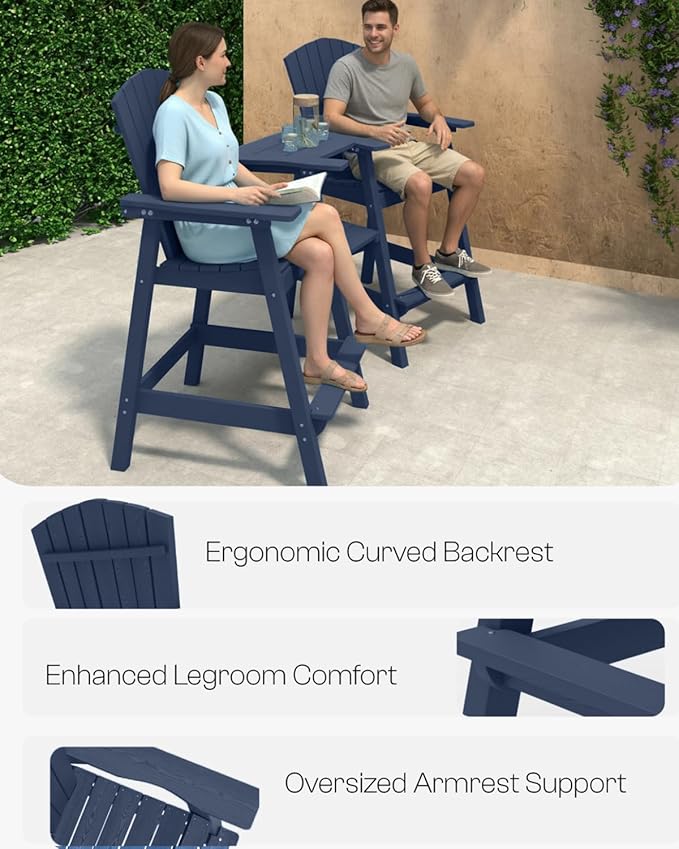 Tall Adirondack Chairs Set of 2, Heavy-Duty Patio Bar Chairs for Deck & Poolside (Dark Blue, 2-PC Bar Chair Set)