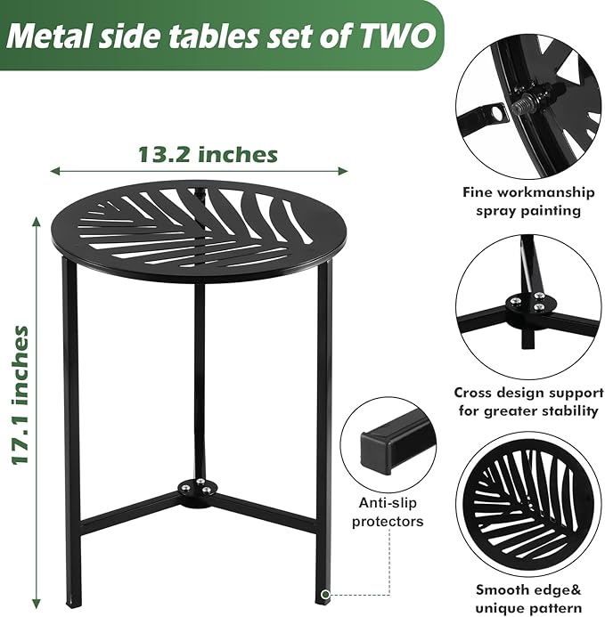 Party Zealot Set of 2 Small Round Metal Side Tables 13 Inches Black Outdoor End Tables for Patio, Balcony, Porch or Garden – Weather-Resistant Corner Coffee Table for Small Spaces & Indoor Plant Stand
