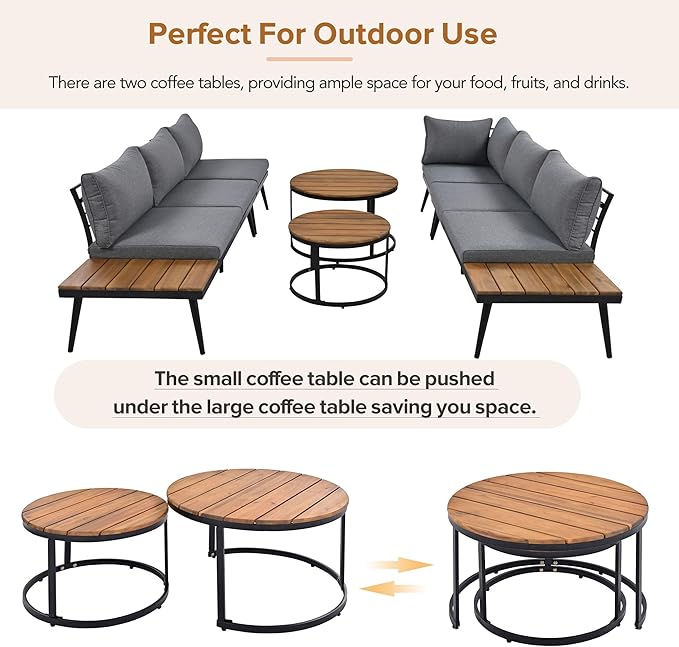 Modern Outdoor Sectional Sofa Set with Round Nesting Coffee Tables and Cushions, 6-Piece Patio Furniture Set for Porch - Photo 4