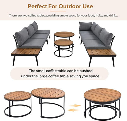 Quarte Modern Patio Furniture Set, 6-Piece Outdoor Sectional Sofa Set with Round Nesting Coffee Tables and Seating Sofa with Cushions for Patio, Porch Garden (Grey+C)
