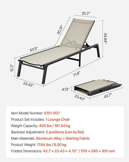 VEVOR Outdoor Chaise Lounge Chair, 400 lbs Weight Capacity, Foldable Sun Tanning Chair, 5 Adjustable Positions, Easy Assembly, Heavy Duty Aluminum Pool Recliner Lounge Chairs, for Beach Yard Patio