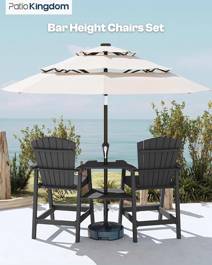 Tall Adirondack Chairs Set of 2, Bar Height HDPE Deck Chairs with Connecting Trays & Umbrella Hole, Weatherproof Patio Bar Stools for Balcony, Garden, Grey