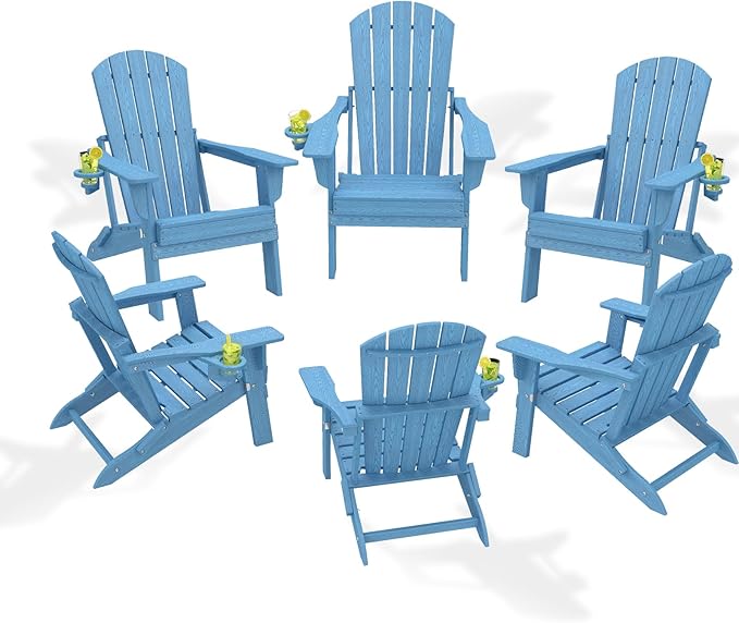 Folding Adirondack Chair Set of 6，Wooden Textured Fire Pit Chair with Cup Holder, Heavy All-Weather HDPE Plastic Outdoor Patio Chairs for Poolside Backyard Patio Outdoor Garden