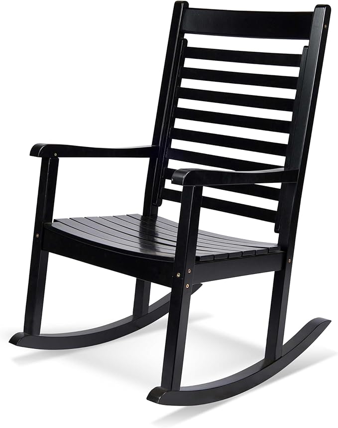 Shine Company Modern Wood Rocking Chair, Ergonomic Wide Seat Porch Rocker, Black