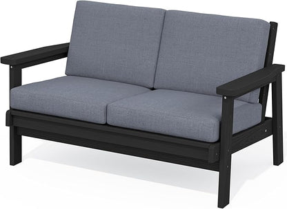 SERWALL HDPE Outdoor Patio Loveseat, All Weather Wood-Like Outdoor Sofa HDPE Outdoor Furniture, Black Frame and Grey Cushion