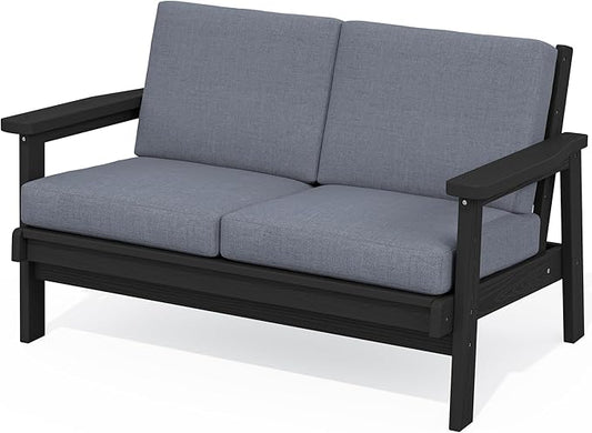 SERWALL HDPE Outdoor Patio Loveseat, All Weather Wood-Like Outdoor Sofa HDPE Outdoor Furniture, Black Frame and Grey Cushion
