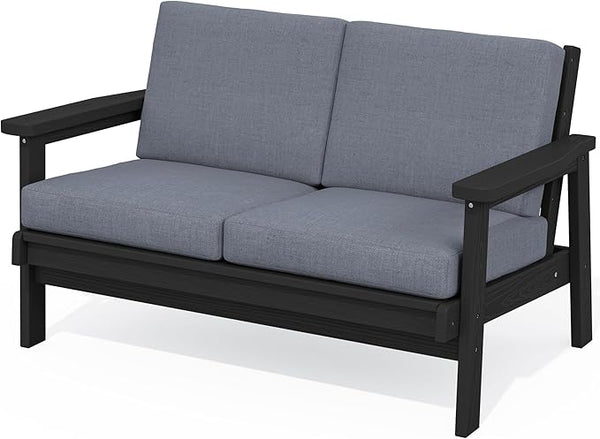 SERWALL HDPE Outdoor Patio Loveseat, All Weather Wood-Like Outdoor Sofa HDPE Outdoor Furniture - Photo 1