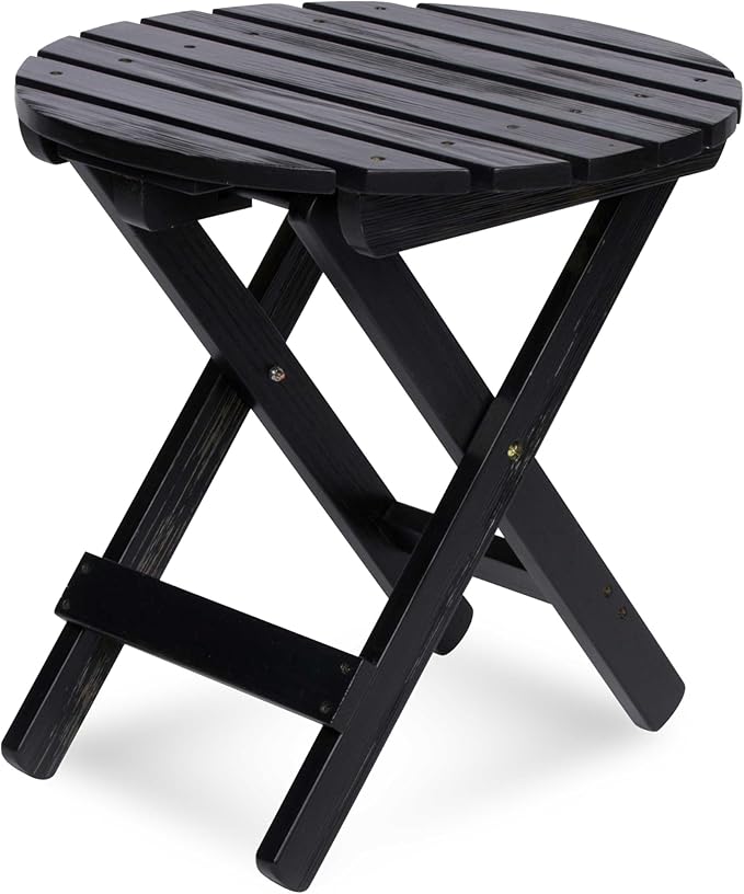 Shine Company Round Wooden Folding Solid Wood Side Table, Outdoor Adirondack Small Patio Table, Black