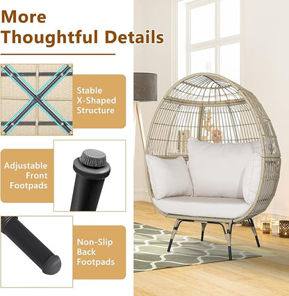 Tangkula PE Wicker Egg Chair, Patiojoy Oversized Indoor Outdoor Patio Lounge Chair with Cushions and Pillows, Steel Frame Basket Chair for Garden, Deck, Balcony, Living Room (Light Brown)
