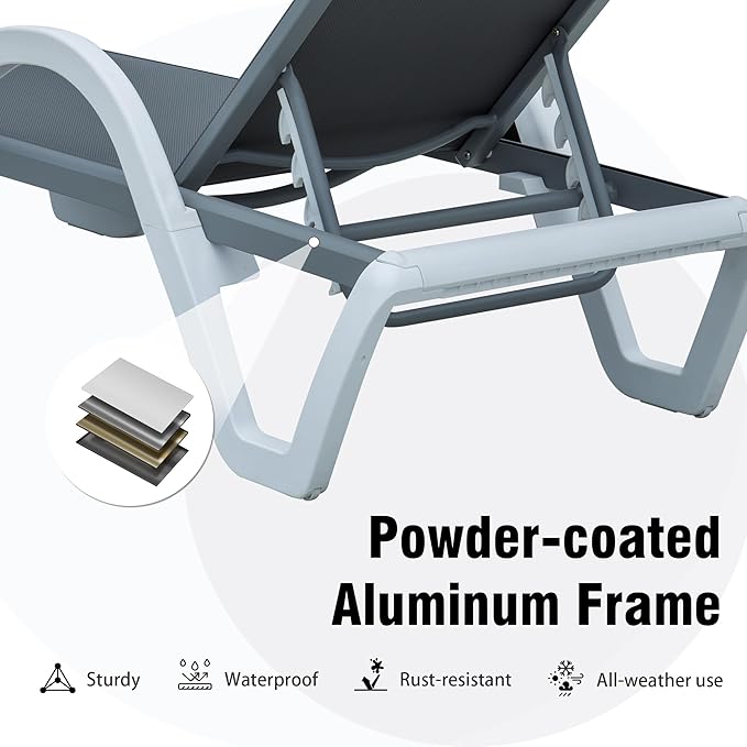 Domi Outdoor Lounge Chair, Aluminum Patio Chaise Lounge with 5 Position Adjustable Backrest and Wheels, All Weather Reclining Chair with Armrest and Side Table for Patio, Yard,Balcony,Poolside (Grey)