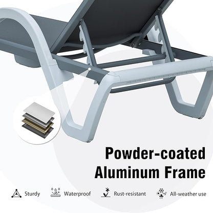 Domi Outdoor Lounge Chair, Aluminum Patio Chaise Lounge with 5 Position Adjustable Backrest and Wheels, All Weather Reclining Chair with Armrest and Side Table for Patio, Yard,Balcony,Poolside (Grey)
