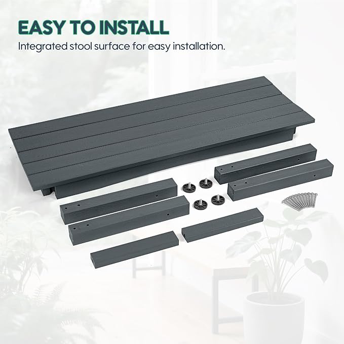 Weatherproof HIPS Outdoor Bench, 2-Person Patio Dining Bench, All-Weather Poly Lumber Garden Bench, Never Rot or Fade, Park Bench with Wood Grains for Porch, Deck, Entryway, Grey, 2 Pack