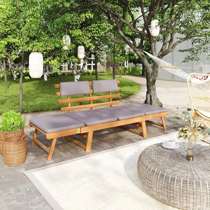 2-in-1 Patio Daybed with Cushion,Park Wooden Bench,Garden Bench,Balcony Bench,Outdoor Furniture,Picnic Bench, for The Front Porch,Deck, Balcony or Backyard,74.8" Solid Acacia Wood