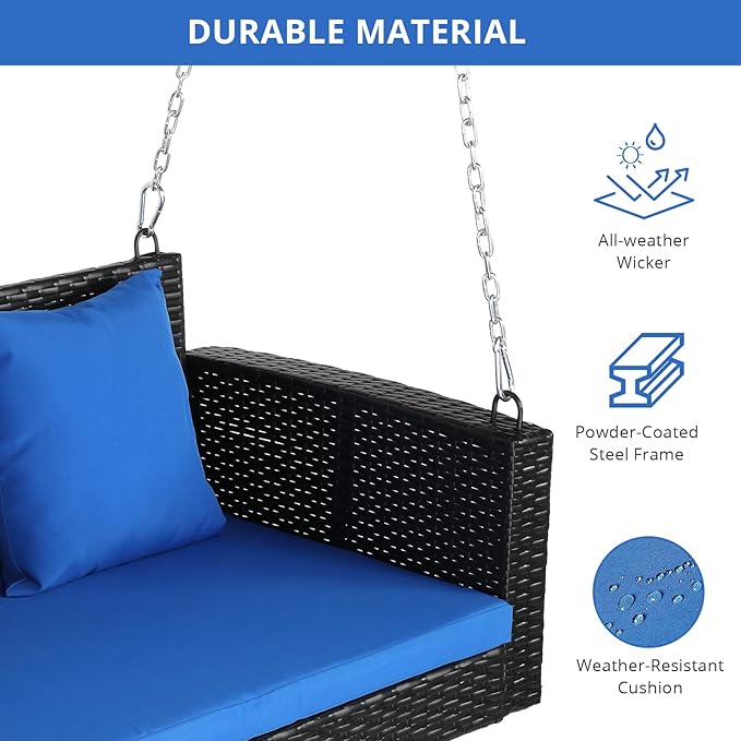 4FT Wicker Porch Swing for 2 Person, 800lb Capacity Outdoor Hanging Bench with Removable Cushions - Photo 8