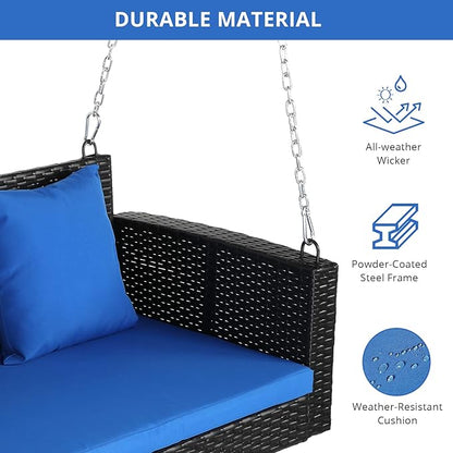 4FT Wicker Porch Swing for 2 Person, 800lb Capacity Outdoor Hanging Bench with Removable Cushions, Handwoven Weather-Resistant PE Rattan for Patio, Garden & Backyard
