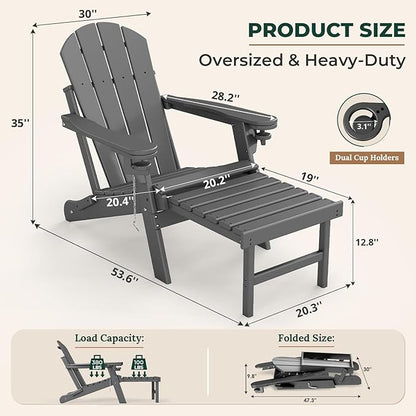 BRIOPAWS Adirondack-Chair-with-Pull-Out-Footrest | Folding | HDPE Plastic | Fire Pit Chairs | All Weather | Cup Holders | Curved Back | Retractable Ottoman | for Outdoor Deck Poolside | Grey