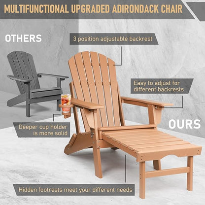 FUNBERRY Adjustable Folding Adirondack Chair with Retractable Ottoman, All Weather Fire Pit Chairs with Cup Holder