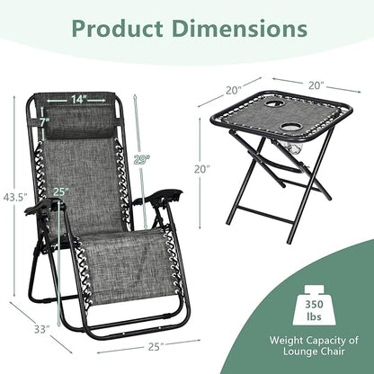HAPPYGRILL Zero Gravity Lounge Chairs Set with Coffee Table, Folding Reclining Chairs with Side Table and Pillow, 3 Pieces Adjustable Patio Lawn Recliner Set for Outdoor Garden Camp Travel