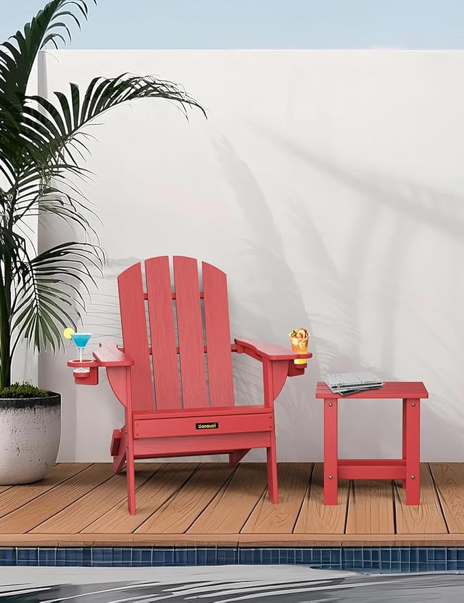Folding Adirondack Chair, Wooden Textured Plastic Adirondack Chairs with 2 Cup Holder - Photo 6