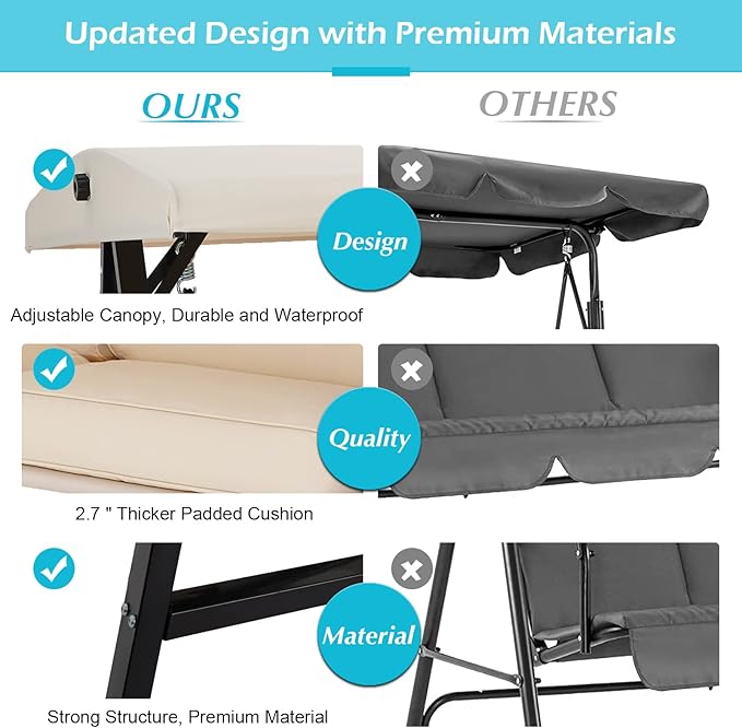 AECOJOY Outdoor Patio Swing Chair for Adults, 2-Seat Porch Swings with Adjustable Canopy - Photo 3