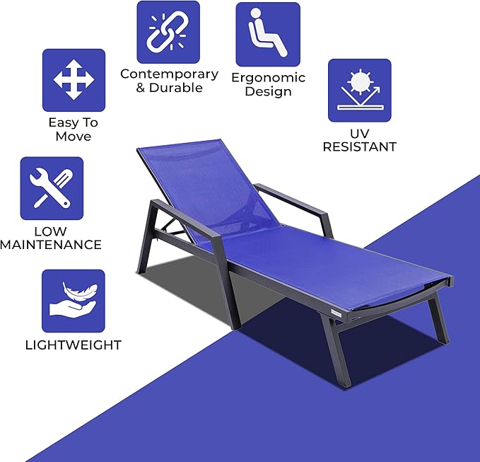 LeisureMod Marlin Patio Chaise Lounge Chair, Adjustable Outdoor Black Aluminum Lounge with Breathable Mesh Sling Back, Lightweight Poolside Reclining Sun Lounger Weather & UV Resistant (Navy Blue)