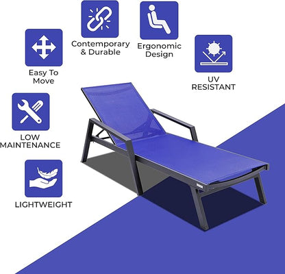 LeisureMod Marlin Patio Chaise Lounge Chair, Adjustable Outdoor Black Aluminum Lounge with Breathable Mesh Sling Back, Lightweight Poolside Reclining Sun Lounger Weather & UV Resistant (Navy Blue)