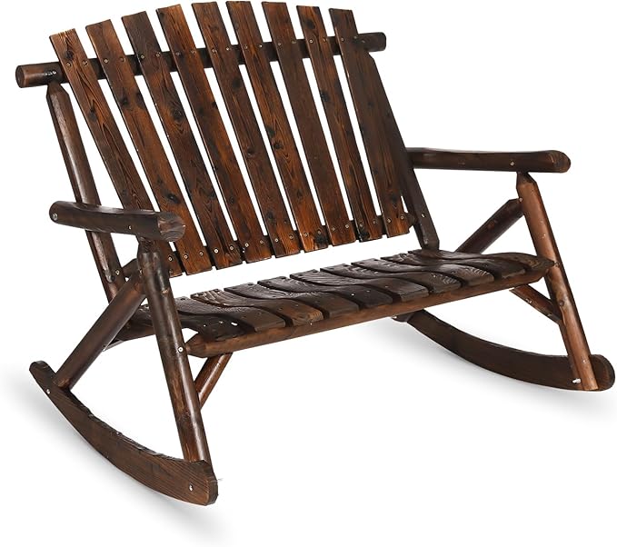 HOMEDIARY Outdoor Wood Rocking Bench, 2-Persons Rustic Adirondack Log Rocker with Slatted Seat, High Backrest/Armrests, Double Wooden Patio Porch Rocking Loveseat for Garden Backyard Porch, Carbonized