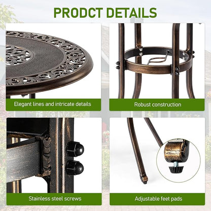 Outvita Outdoor Dining Table, Cast Aluminum Round Patio Bistro Table with Umbrella Hole Weather Resistant Aluminum for Balcony Poolside Garden Lawn