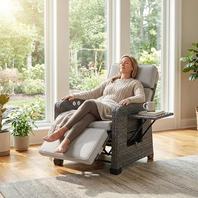 Restland Outdoor Recliner with Independent Adjustable Back & Footrest Wicker Patio Reclining Chair with Flip Table - Photo 4