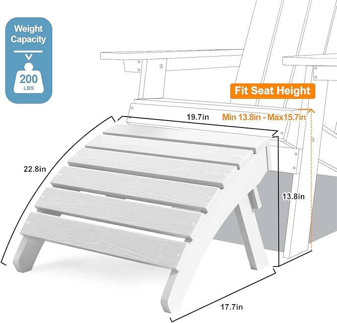 MXIMU Folding Adirondack Ottoman Outdoor: HIPS Plastic Patio Footstool Easy Assembly - All Weather FootRest Foot Stool for Adirondack Chair Use in Garden Lawn Backyard Pool (White)