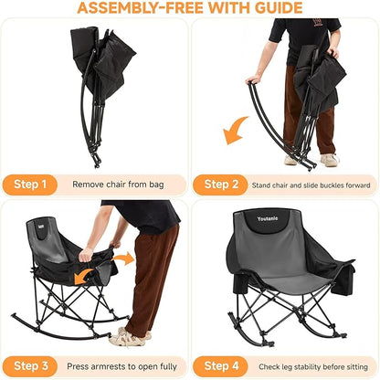 Oversized Folding Rocking Camping Chair, Padded Portable Rocking Chair with Pockets, Cup Holder and Carry Bag, Heavy Duty Outdoor Rocker Patio Chair for Garden, Lawn, Yard, Up to 400lbs, Gray