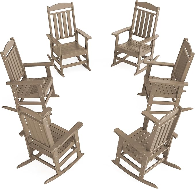 Outdoor Rocking Chairs Set of 6, Oversized High Back Patio Rocking Chairs, All Weather Porch Rocking Chairs for Outside. Brown