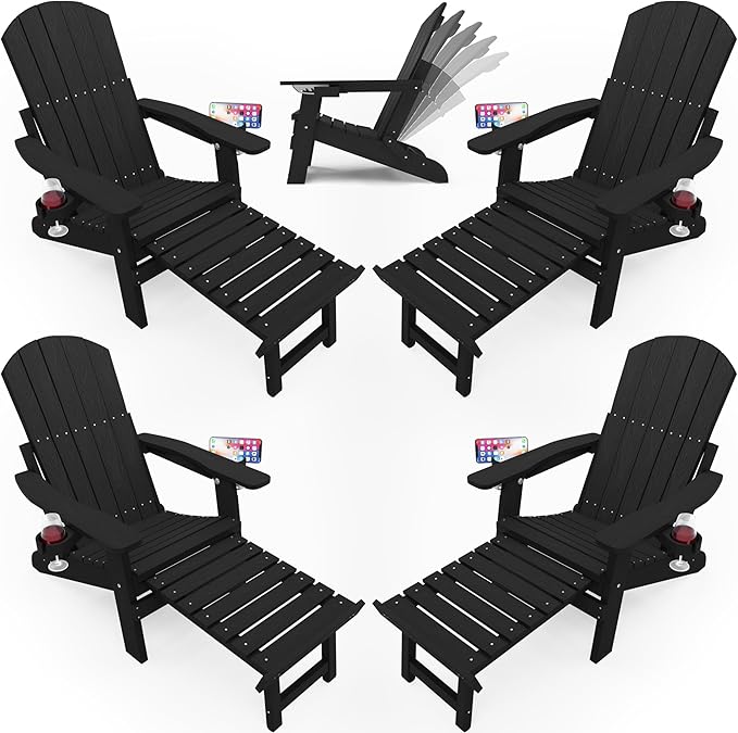 YEFU Adjustable Adirondack Chair with Footrest Set of 4, 5-Level Adjustable Adirondack Chair with Retractable Ottoman& 2 Cup Holder, Folding Adirondacks Chairs Use for Outdoor, Pool, Fire Pit (Black)
