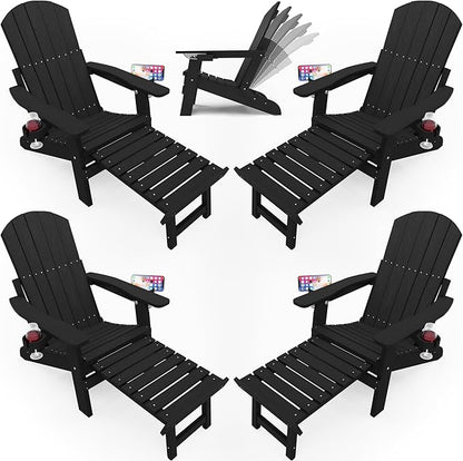 YEFU Adjustable Adirondack Chair with Footrest Set of 4, 5-Level Adjustable Adirondack Chair with Retractable Ottoman& 2 Cup Holder, Folding Adirondacks Chairs Use for Outdoor, Pool, Fire Pit (Black)