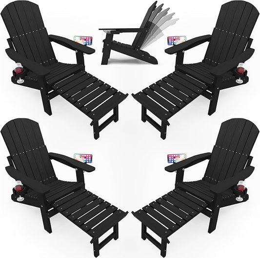 YEFU Adjustable Adirondack Chair with Footrest Set of 4, 5-Level Adjustable Adirondack Chair with Retractable Ottoman& 2 Cup Holder, Folding Adirondacks Chairs Use for Outdoor, Pool, Fire Pit (Black)