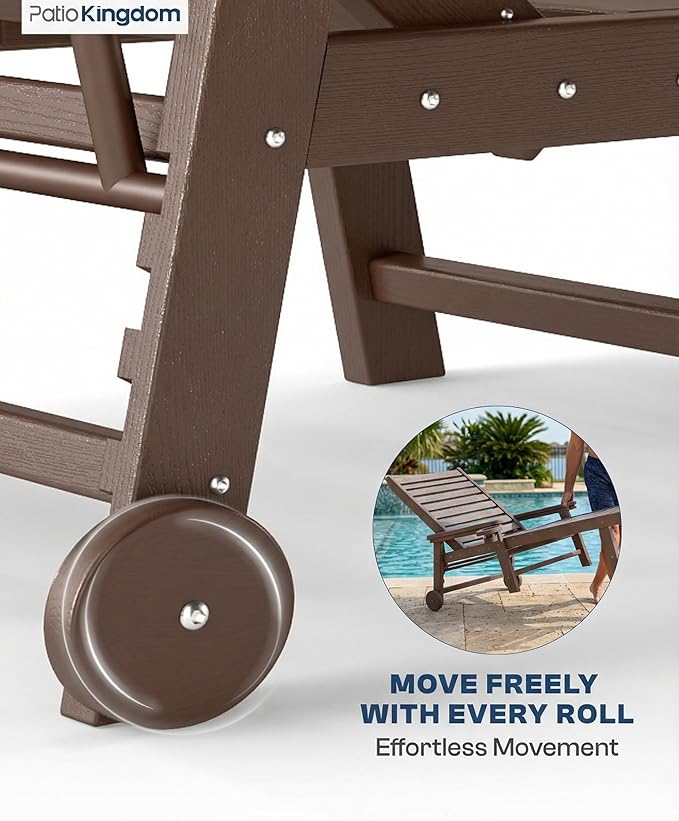 5-Position Adjustable Lounge Chair Outdoor Set of 4, HDPE Outdoor Chaise Lounge with Cup Holder & Wheels, Pool Lounge Chairs for Poolside, Beach, Deck, Brown