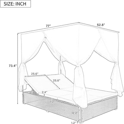 Patio Chaise Lounge, PE Rattan Outdoor Patio Wicker Sunbed Daybed with Adjustable Seats, Four-sided Canopy, Overhead Curtain and Blue Cushions for Backyard, Garden, Poolside (for 2-6 people)