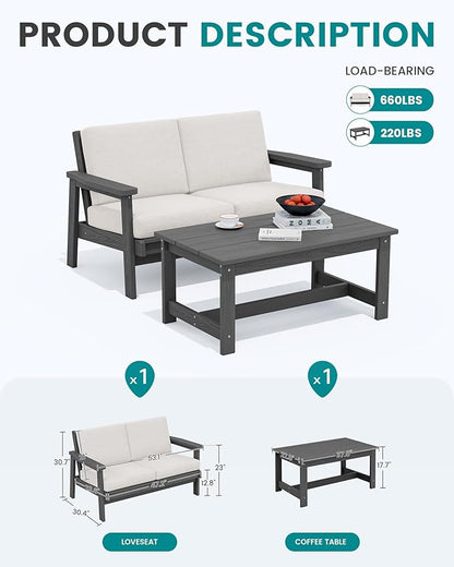 SERWALL Outdoor Loveseat, Grey Frame and Khaki Cushion