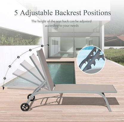 Domi Chaise Lounge Outdoor Set of 3, Lounge Chairs for Outside with Wheels, Outdoor Lounge Chaise with 5 Adjustable Position, Pool Lounge Chairs for Patio, Beach, Yard, Deck, Poolside, Khaki