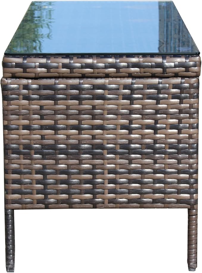 Coffee Table Outdoor Patio Furniture, Tempered Glass Top, Wicker Design, Brown, 30.75x17.5x15 Inch, Water Resistant, Assembly Required