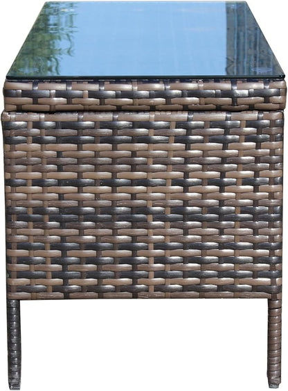 Coffee Table Outdoor Patio Furniture, Tempered Glass Top, Wicker Design, Brown, 30.75x17.5x15 Inch, Water Resistant, Assembly Required