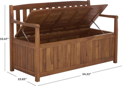 SAFAVIEH Outdoor Patio Furniture Collection – Kelter Solid Teak Wood Bench Box with Storage, Slatted Design, Versatile Indoor/Outdoor Seating (PAT6813A)