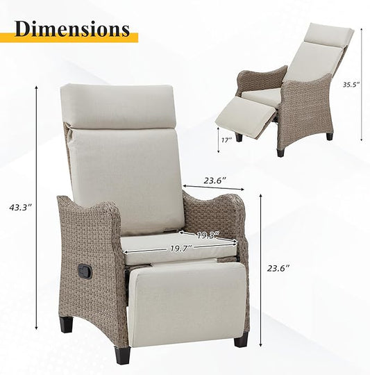 HOMREST Outdoor Recliner Chair Set of 2, Wicker Reclining Chair with Adjustable Backrest up to 150°, Rattan Armchair with Integrated Footrest Removable Cushion or Porch Garden,Light Gray