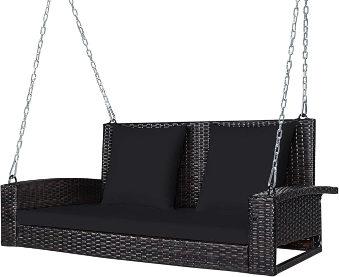 Tangkula 2-Person Wicker Porch Swing, Patiojoy Outdoor Rattan Hanging Swing Bench W/ 2 Back Cushions & 1 Seat Cushion - Photo 1