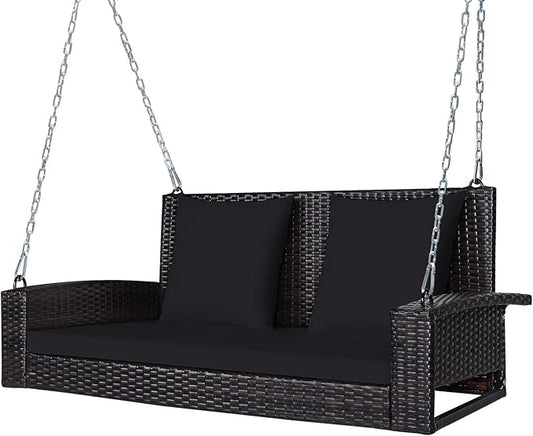 Tangkula 2-Person Wicker Porch Swing, Patiojoy Outdoor Rattan Hanging Swing Bench W/ 2 Back Cushions & 1 Seat Cushion, Sturdy Steel Chain, 800lbs Weight Capacity