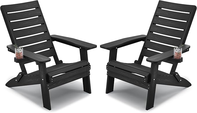 YEFU Adirondack Chair, Folding Adirondack Chairs Set of 2 with Arc Back & Cup Holder, Weather Resistant Plastic Oversized Chair for Outdoor Patio Lawn Garden Backyard Deck Fire Pit, Black