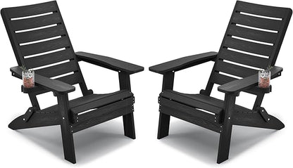 YEFU Adirondack Chair, Folding Adirondack Chairs Set of 2 with Arc Back & Cup Holder, Weather Resistant Plastic Oversized Chair for Outdoor Patio Lawn Garden Backyard Deck Fire Pit, Black